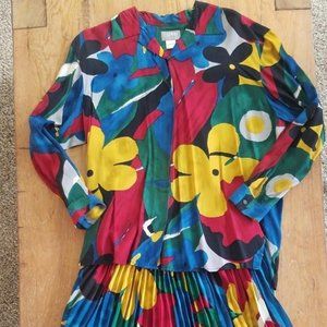 1980s Esprit Rayon Floral Blouse Skirt Set